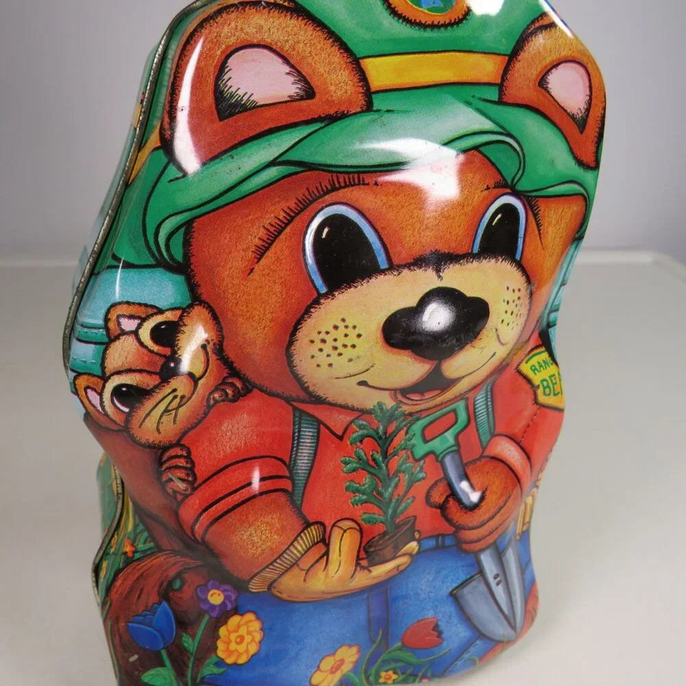 Forest Ranger Teddy Bear Vintage Shaped Metal Tin RUST Inside